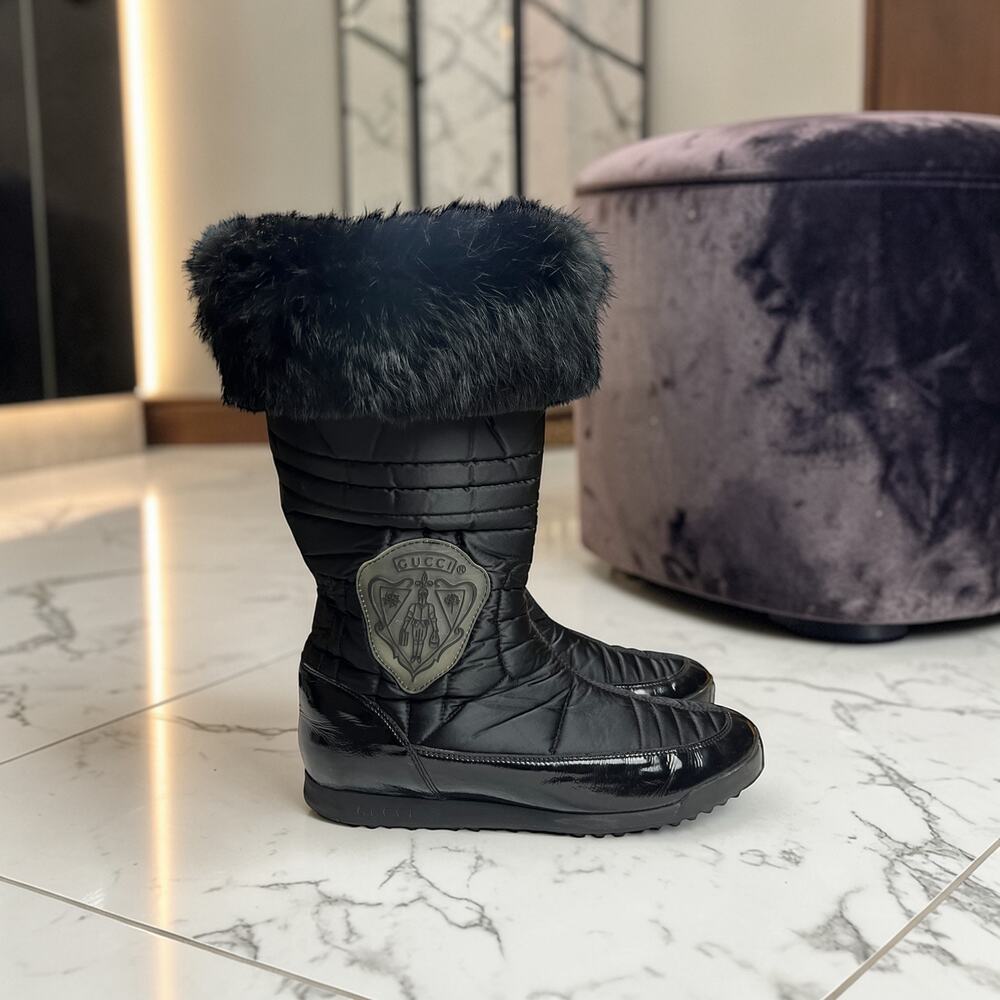 Gucci Hysteria Rabbit Fur Trim Snow Boots Womens 37.5 Black Apres Ski Patent Toe